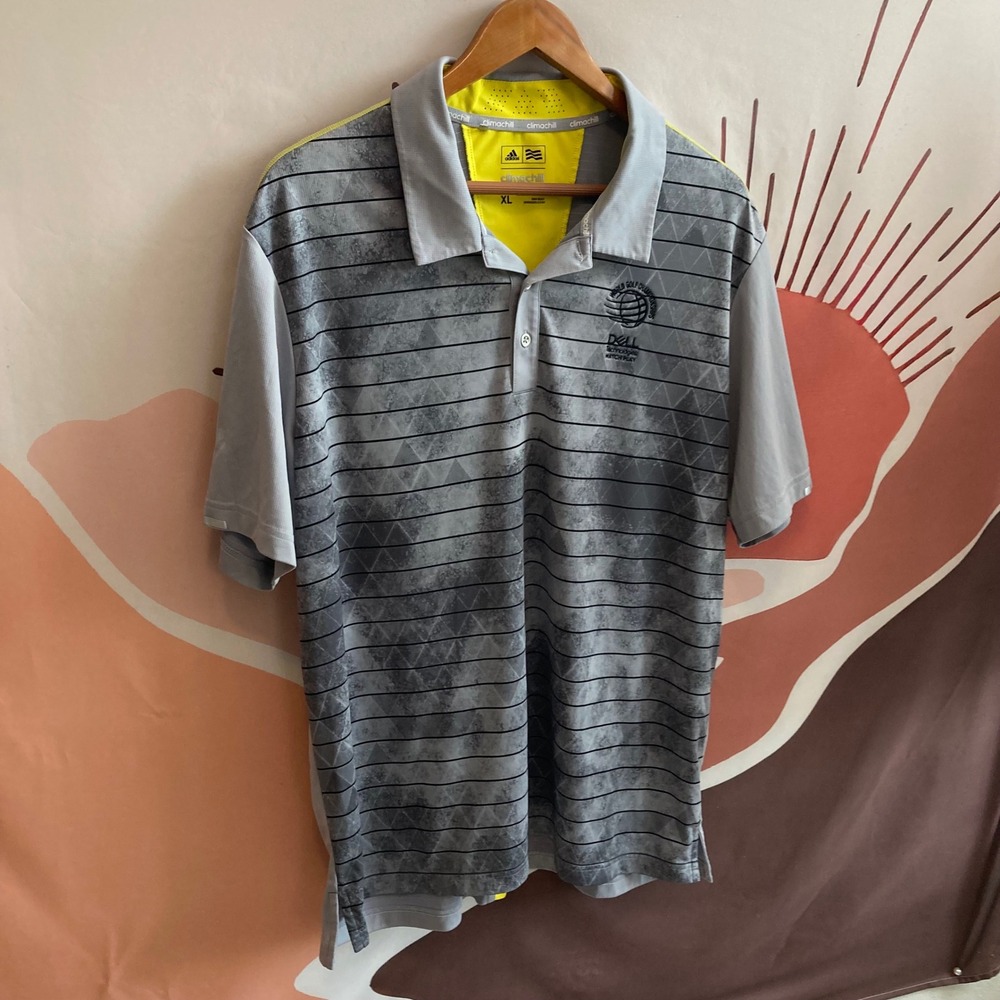 Adidas Mens Climacool Golf Polo Striped Button Shirt XL Dell Short Gray Yellow